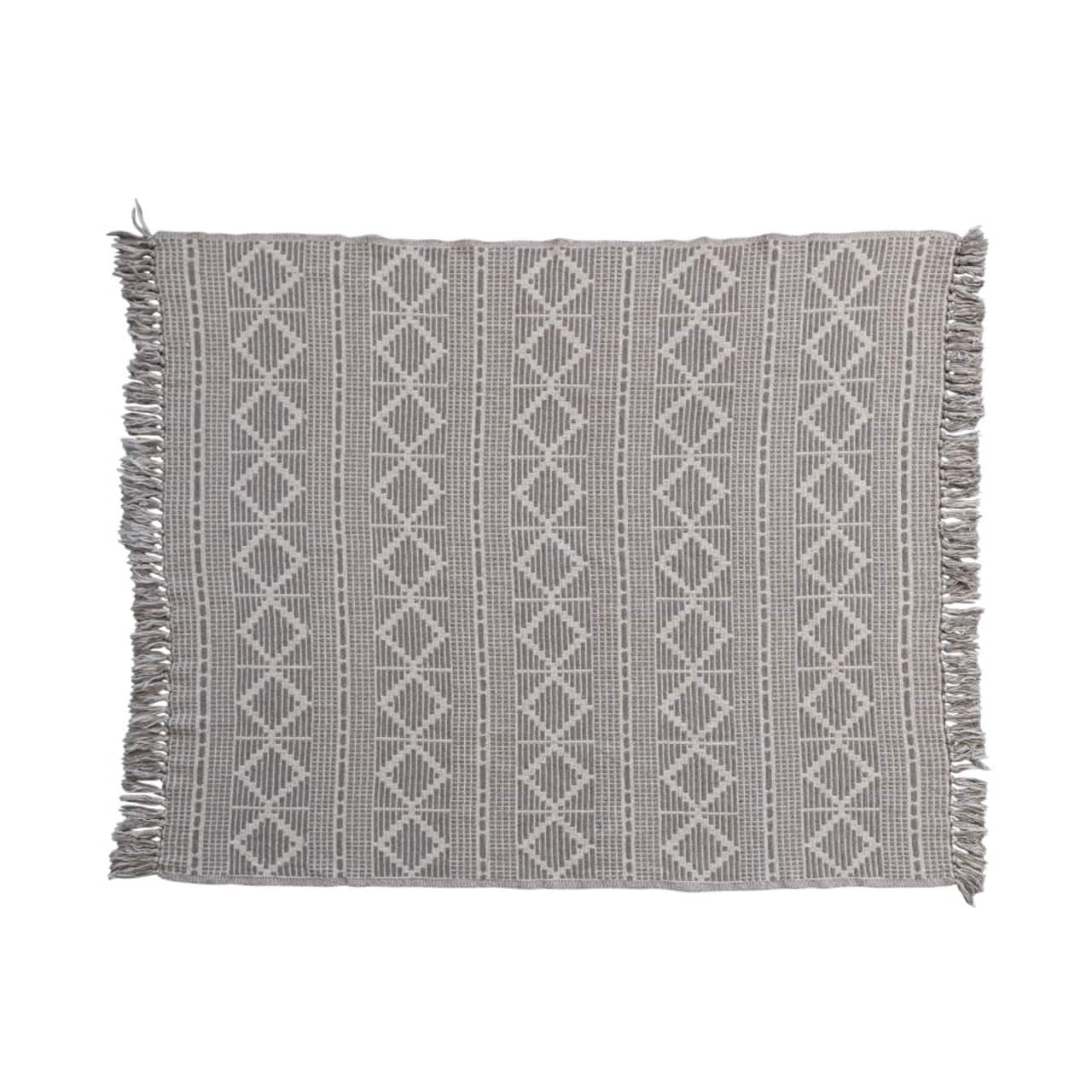 Bloomingville Gray Recycled Cotton Jacquard Throw Blanket with Fringe